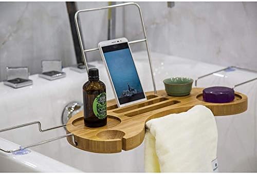 Креативна фиока за бања со едноставна количина со држач за iPad, проширување на креативна едноставност бамбус када кади со телефон, таблет,