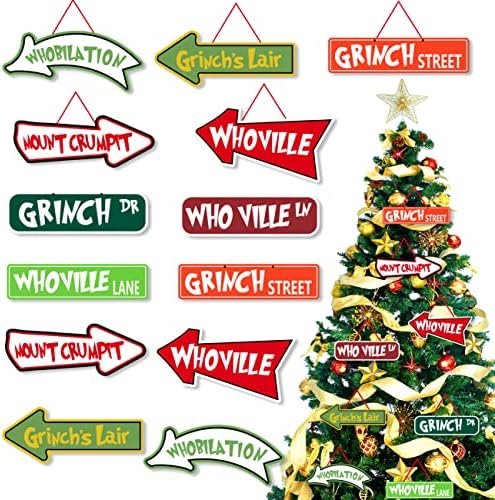 Декорации за новогодишни елки, 16 парчиња Гринч Божиќни украси картички што висат добредојде на украси за новогодишни елки за зимски