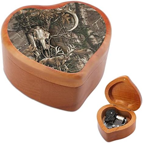 Бак череп со ловна сцена срце музичка кутија дрвени музички кутии најдобар подарок за годишнината Божиќ роденден