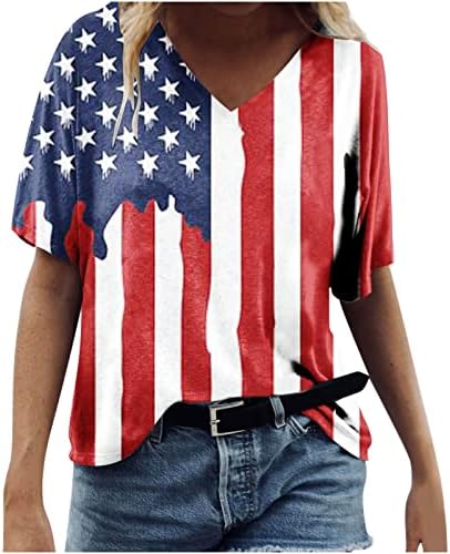 Женски американско знаме 4-ти јули кошули против вратот летни обични маички кратки ракави лабави патриотски маици 2023 мода