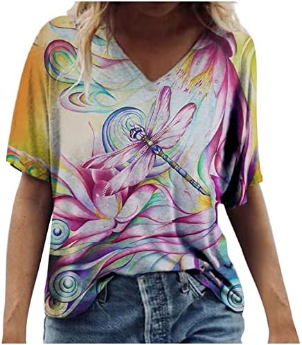 Женски врвови 2023 летен обичен трендовски кратки ракави против маички со вратот плус големина цветни кошула симпатични маички