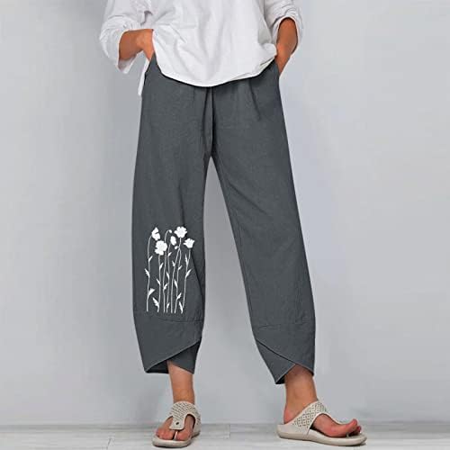 Летните постелнини панталони за жени лабави се вклопуваат памучни постелнини исечени панталони цветни печати летни јога дневни панталони со џебови