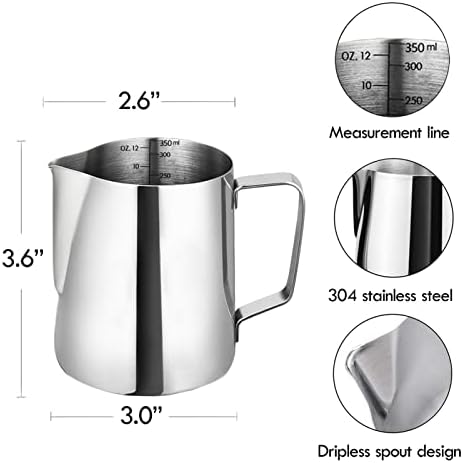 Artcome 12oz/350ml не'рѓосувачки челик млеко стомна со мерење внатре - капучино стомна што истура чаша за еспресо - совршен за машини за еспресо,