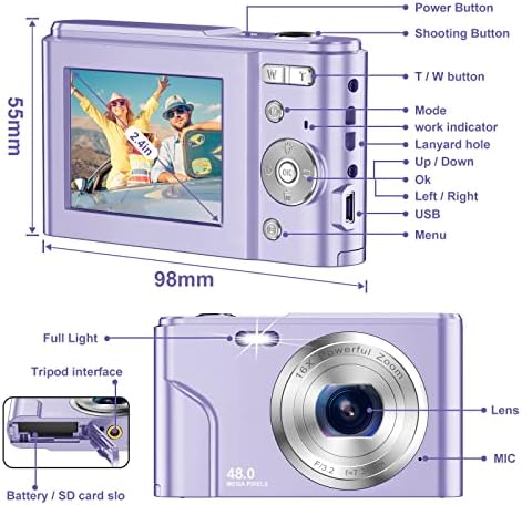 Дигитална камера за тинејџери деца, 1080p 48MP Детска камера со 32 GB SD картичка, 2,4 инчи LCD екран Деца Дигитална камера
