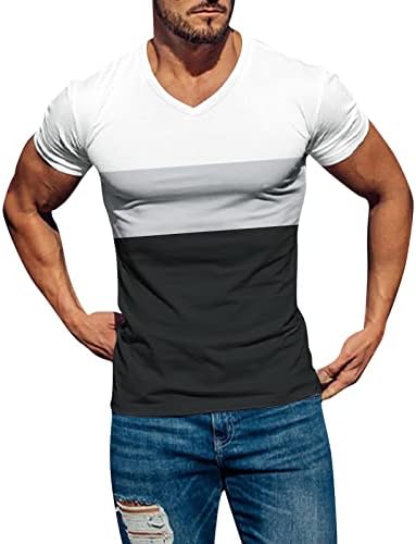 Маички со кратки ракави на HDDK MENS V RECK, летни шарени крпеници тенок фит спортски врвови со лесен тренинг маица