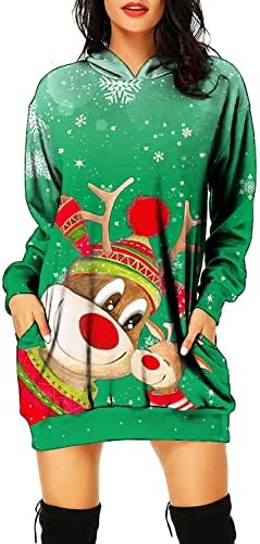 Женски долг ракав џемпер фустан Божиќ печатење лежерен џеб лабав фустан плетен фустан