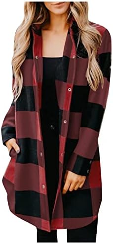 Карирани јакни за жени, долга плус големина S-3XL фланел 2022 есен и зимски палта со копчиња за џебови надолу