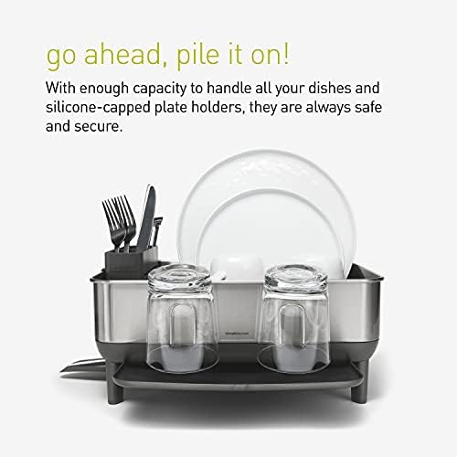 SimpleHuman Компактна решетка за сушење кујнски садови со вртливата плунка, рамка од не'рѓосувачки челик докажан од прсти, сива пластика