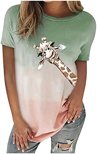 Лето жени маица врвови со обична вратоврска боја туника мангура трендовски симпатични кратки ракави екипаж удобни лабави жирафа блузи