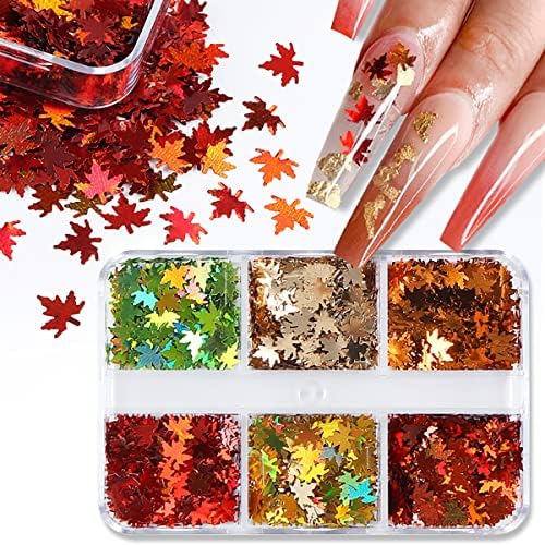 6 бои 3Д јавор лисја на ноктите сјајни секвенци паѓаат декорации за нокти холографски сјај дизајн есенски јавор за нокти сјајни снегулки