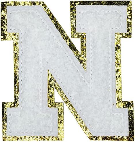 Jongdari Letter Patches Varsity Chenille Iron на букви лепенки за облека, 4 парчиња англиски буква n со граница на златни сјајни, апликации