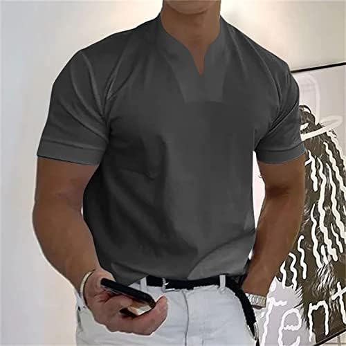 Маички за мажи ymosrh, случајна цврста боја V-вратот на џентлмен, деловна кратка ракав фитнес маица работи кошули за мажи