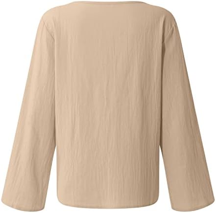 Фрагарни маици за жени обична цврста боја лабава ткаени ткаени долги ракави памучни постелнина маица плус големина на врвови на туника