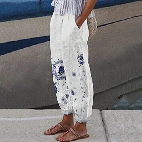 Женски памучни постелнини обични панталони удобни цветни печати летни панталони за плажа еластични половини што дишат панталони со џебови