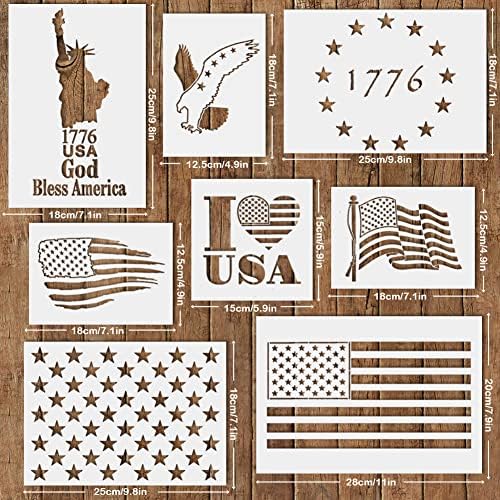 Шаблон за американско знаме за знамиња, 8 парчиња САД знаме Starвезда Статуа на слобода орел 1776 пластично сликарство матрик цртање шаблони