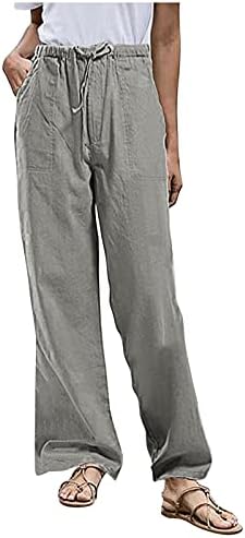 Zdfer Plus Size Casual Clumstring панталони жени цврсти памучни ленени панталони со џебови директно карго панталони лабаво вклопување