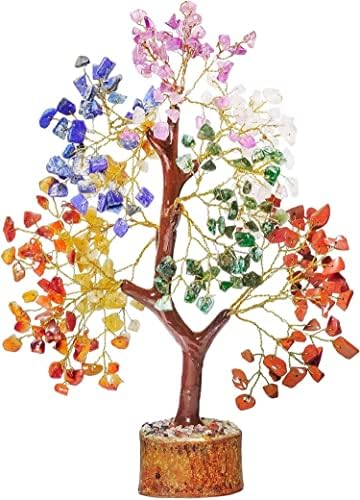 Indacorify Седум Чакра Бонсаи дрво направено од скапоцен камен кристал со златна жица за заздравување на Vastu fensghui просперитет Добар здравствен