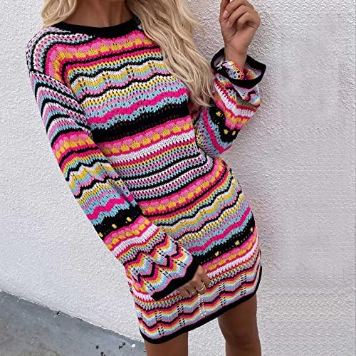 Женски секси каросек фустан Виножито лента со долг ракав плетен пуловер џемпер фустани случајно лабава мини краток скокач