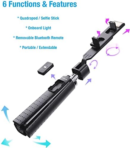 Fugetek 40 Quadrapod Осветлени Selfie Стап Штанд, лесен 7oz, Безжичен Bluetooth Далечински Управувач, Патентирани Ултра Стабилна 4 Нозе, 3 Режими