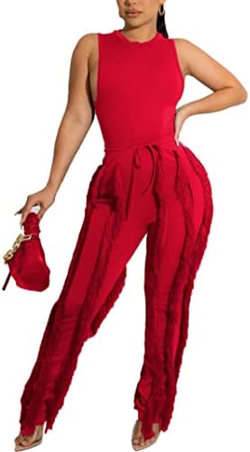 2 парчиња облека за жени секси - Солидни резервоари без ракави врвови на резервоарот за тасели со долги панталони за панталони