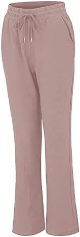 LMSXCT жени памучни постелнини панталони со џебно влечење еластично високо половината лабава широки панталони за нозе цврсти