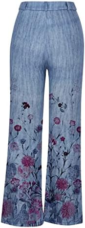 Огнено широко панталони за нозе за жени, женски високи половини, цветни печатени обични џебови, дното панталони со права нозе панталони