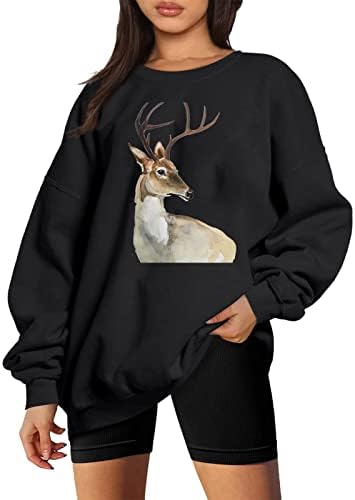 Божиќни џемпери жени со долги ракави руно наредени блузи врвови y2k пулвер преголеми животински елки графички џемпери