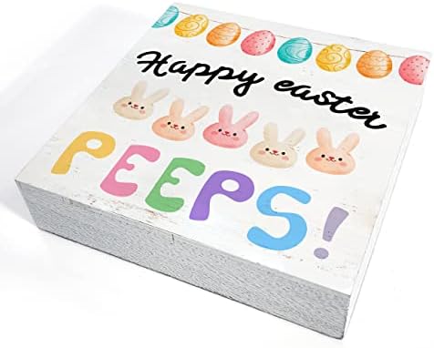 Симпатична среќна велигденска дрвена кутија знак за биро за знак 5 x 5 инчи кутија знак пролет велигденски јајца epиркаат зајаче