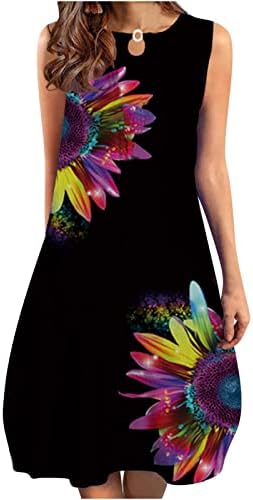 Летни резервоари фустани за жени модни цветни печатени маици со фустани без ракави, занишани миди миди