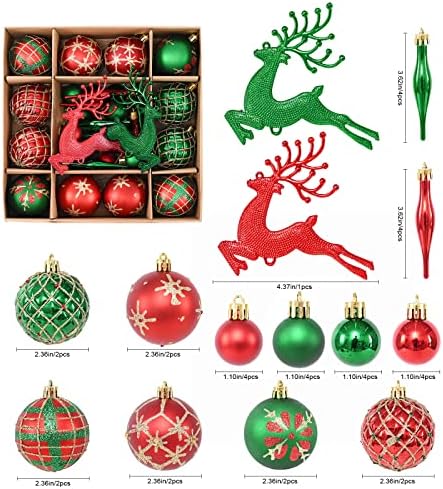 Зелени црвени божиќни топчиња украси, 38 парчиња црвени зелени украси за новогодишни елки со Божиќни елени, Божиќно дрво-капки