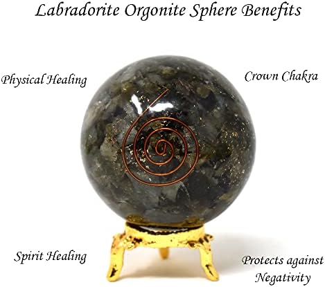 Аашита креации лабрадорит оргон сфера топка со држач - природна врежана 50-60 мм
