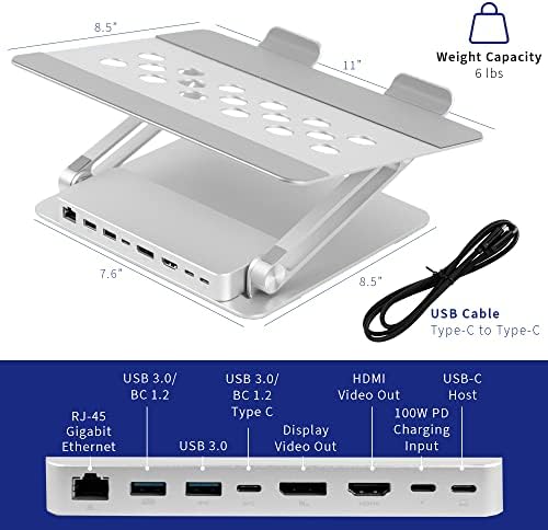 Vivo Universal 11 x 9 инчи, прилагодлив ергономски лаптоп, докинг станица со USB-C, USB-A, HDMI 4K60, DP 4K60, PD, RJ45, центар за напојување