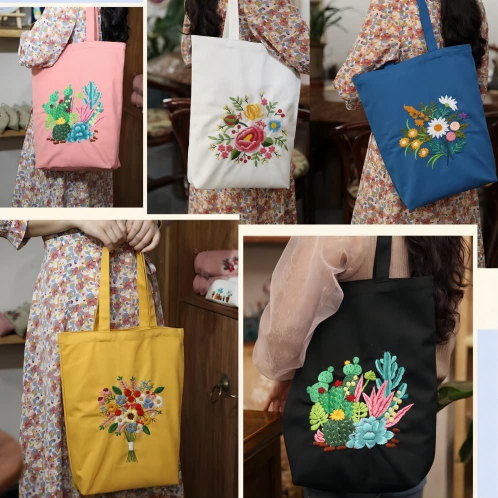 Бела памучна платно торба за везење торба, цвеќиња уметнички шема, комплети за вкрстени бод, вклучително и запечатена торба за вез со обрачи, игла, упатства за упатс