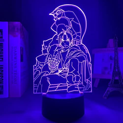 Bucros аниме Fullmetal Alchemisted 3D Nightlight за обожаватели 16 бои декор илузија предводена ламба со далечински управувач, манга полнаметална алхемичарска фигура за Божиќни подар