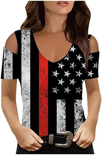Женски ладно рамо на 4-ти јули врвови за кратки ракави одмори Блуза 2023 Патриотски кошули САД со знаме за печатење маица со знаме