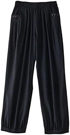 Lceенски памучни постелнина панталони летни обични лабави цврсти еластични половини каприс со џебови
