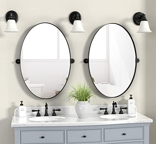 Hmange Овален Ѕид Огледало за бања 24 x 36 Инчен Стожер Ѕид Монтирани Суета Огледало Црна Метална Рамка Декоративни Овални Огледала За Спална