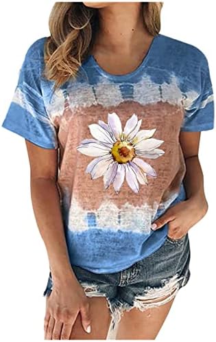 Есен летен блуза за девојчиња со кратки ракави памучни екипи на екипа на сонце Сонк на сончоглед, цветен графички бренд, jz jz