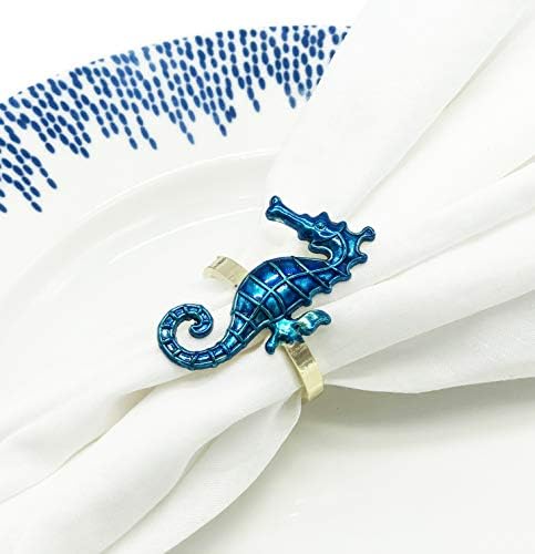 Фенко стилови на крајбрежните морски суштества Метални прстени од салфетка, сет од 4 - сини наутички држачи за салфетка за домашен декор,