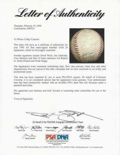 1995 Ол Стар Натпревар Потпиша Бејзбол 26 Знаци! Кирби Пакет Кал Рипкен Пса Днк-Автограм Бејзбол