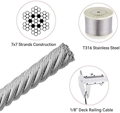 1/8 кабел од не'рѓосувачки челик со градба на жици Cutter7x7, T316 не'рѓосувачки челик за оградување на палубата, ограда од тремот, жица за