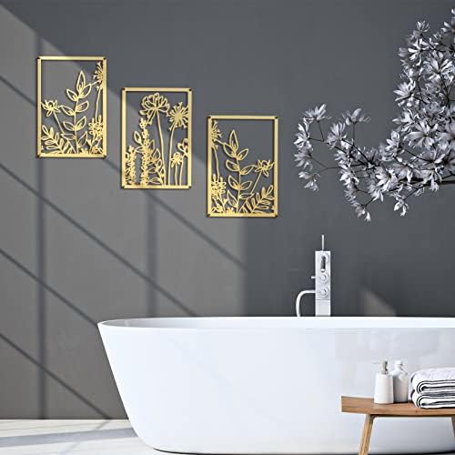 Peryiter 3 парчиња златен метал цвет decorид декор минималистички цветни wallидови што висат декор метална цветна уметност цветни метални wallидни декор за дневна соба, бања,