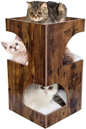 Тофууми Модерно Дрво За Мачки Внатрешна Куќа 3 во 1 Дрвена Кула За Мачки, Симпатичен Кревет За Стоење За Мачки Со Отстранлива Мека Перница