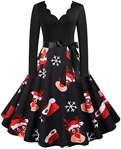 Божиќен Фустан За Жени Смешно Печатење Крпеница Со Долги Ракави Фустани Со Замав Со А-Линија Гроздобер Фустан За Коктел Забава
