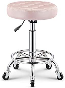 Столче за педикир со тркала ， столче за козметичари со розово синтетичко кожно седиште ， прилагодлива висина 45-59 см ， Поддржана