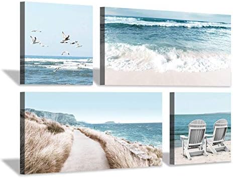 Плажа сцена платно wallидна уметност: крајбрежни столици и галеби со слики за сликање на слика за дневна соба
