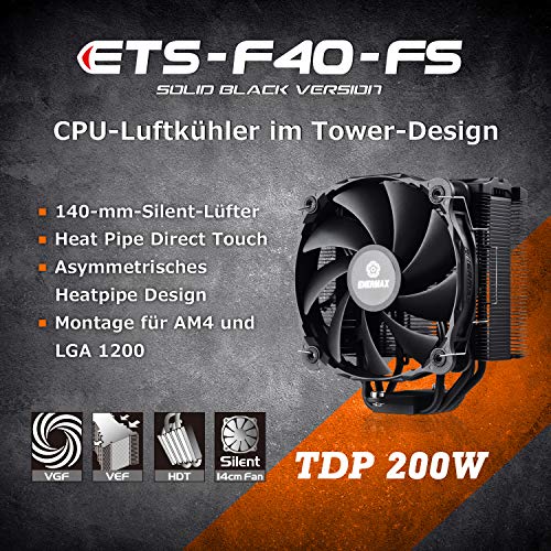 Enermax ETS-F40-FS Цврст Црн Процесорски Ладилник + 200w TDP За Intel/AMD Ryzen, 14 cm PWM Тивок Вентилатор Под Висок Притисок,