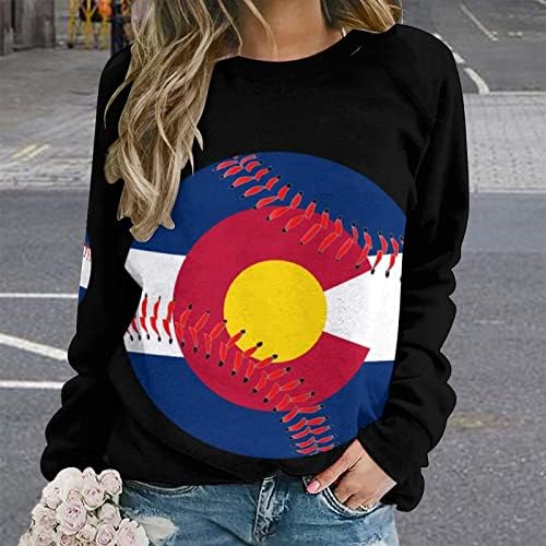 Колорадо Знаме Бејзбол Женски Дуксер Со Тркалезен Врат Пуловери Со Долги Ракави Лабави Врвови На Екипажот