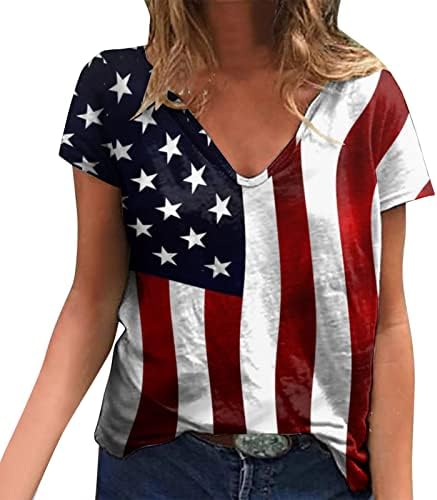 4 јули Кошули За Жени Секојдневен Летен Американски Знаме Маица Краток Ракав V-Вратот Ѕвезди Ленти Вратоврска-Боја Блуза Врвот