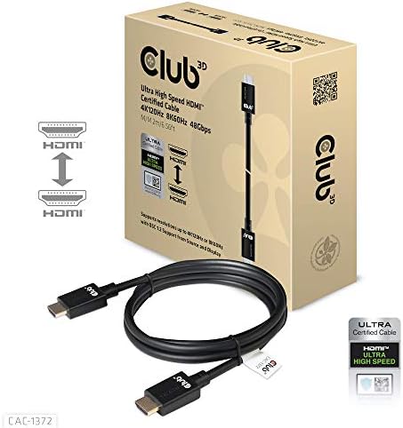Club3D CAC - 1372 Ултра Брзина HDMI Сертифициран Кабел 4K 120Hz 8K 60Hz 2 Метар/6,56 Стапки Црн, Машко-Машко